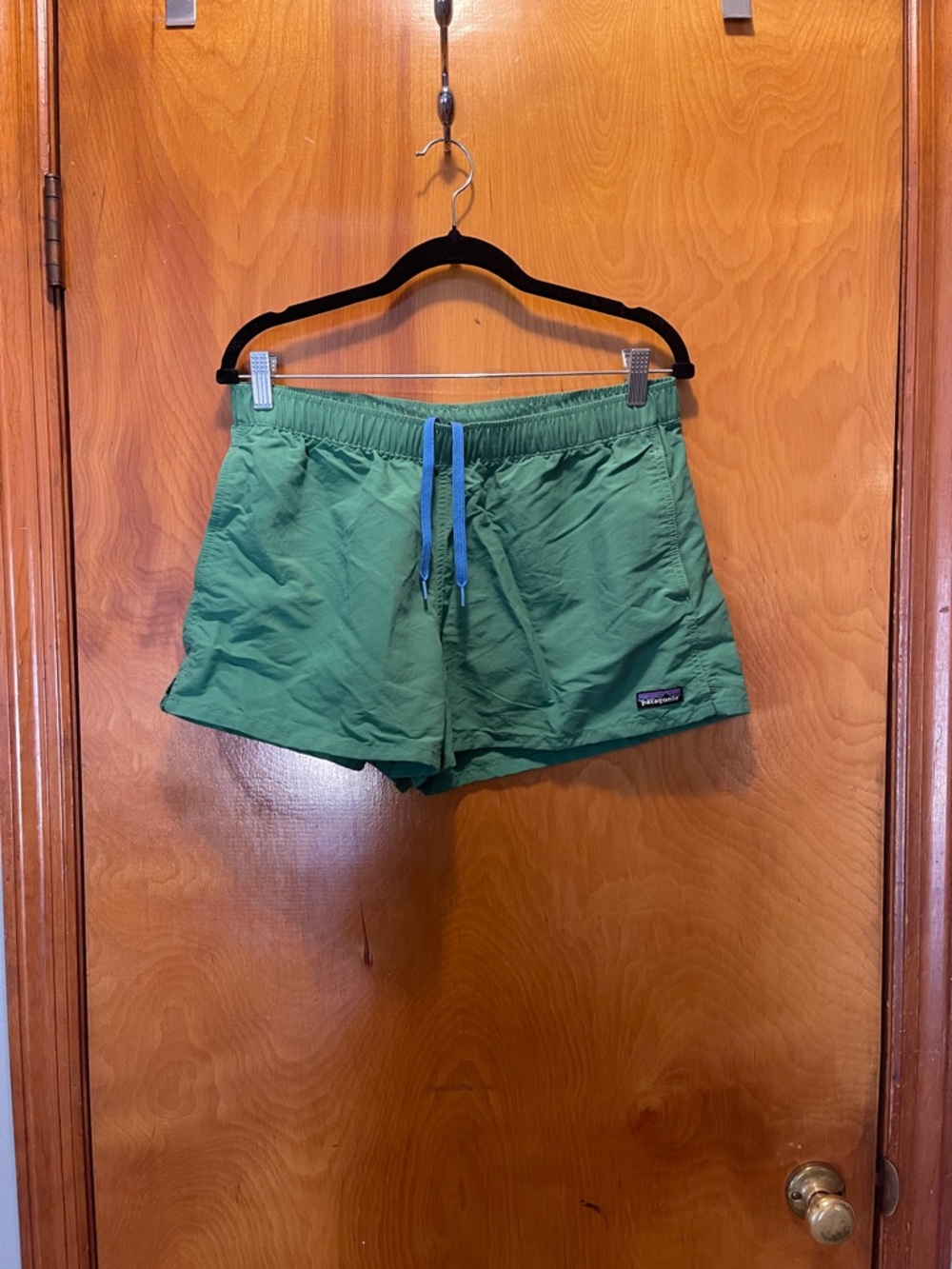 Patagonia Women's Green Athletic Shorts with Blue Drawstring